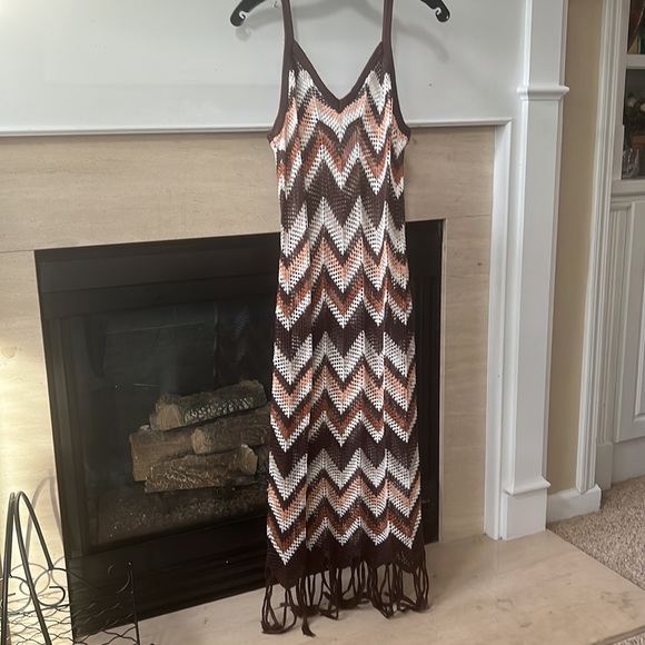 NWT Almost Famous Chevron Pointelle Fringe Boho Indie Retro Dress, L - Picture 5 of 9